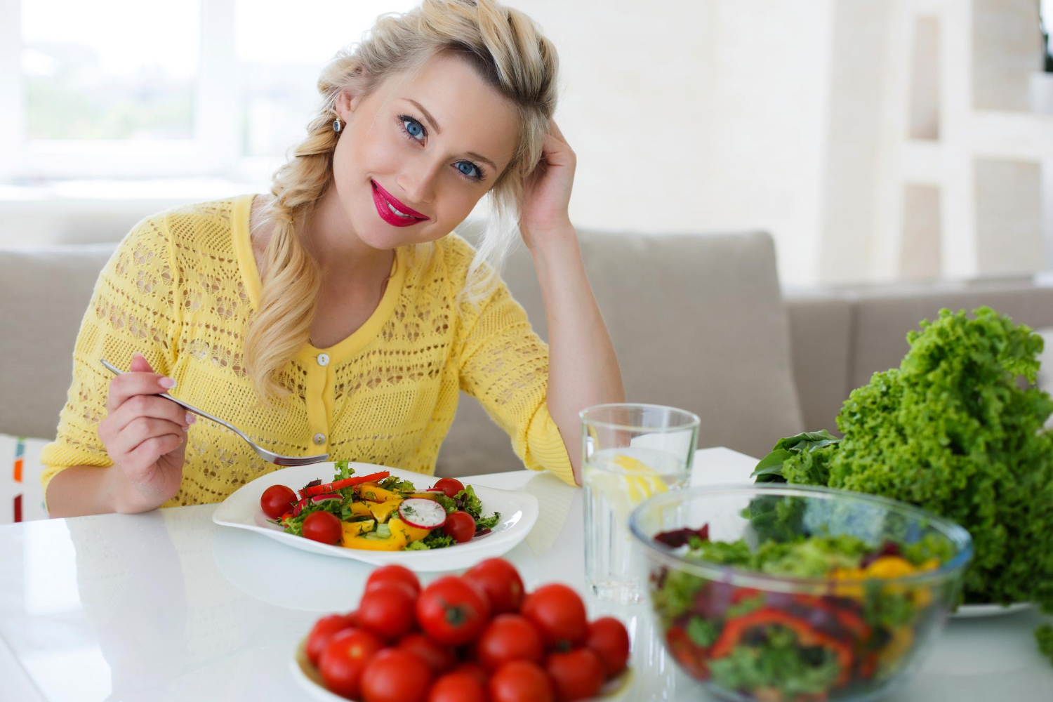 cute woman home with salad