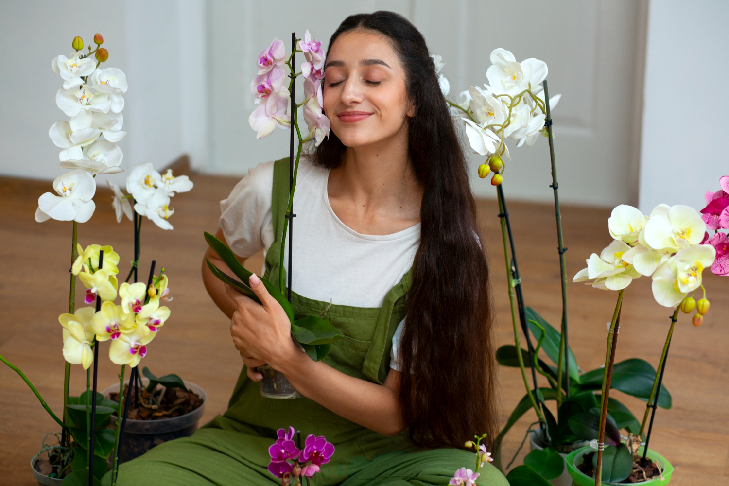 view woman decorating her home with orchid flower